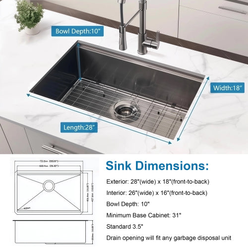 28 Gunmetal Black Undermount Workstation Kitchen Sink-28 x 18 Inch 16 Gauge Stainless Steel Undermount Kitchen Sink