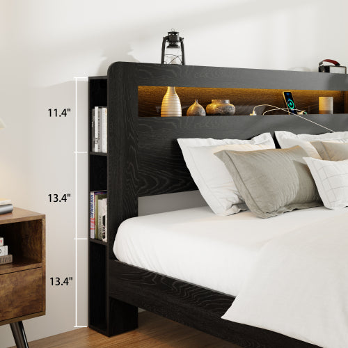 Bed Frame Full Size, Wood Platform Bed Frame with Storage LED Light Headboard and 2 USB , Noise Free,No Box Spring Needed and Easy Assembly Tool,Large Under Bed Storage,Dark Black