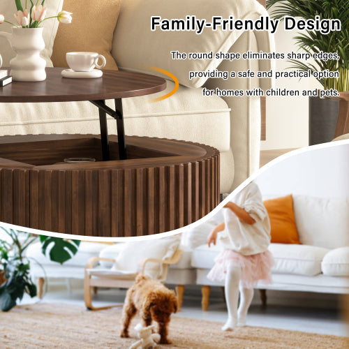 Round Lift Top Fluted Coffee Table, Solid Wood & MDF Accent Table with Hidden Storage Drawer
