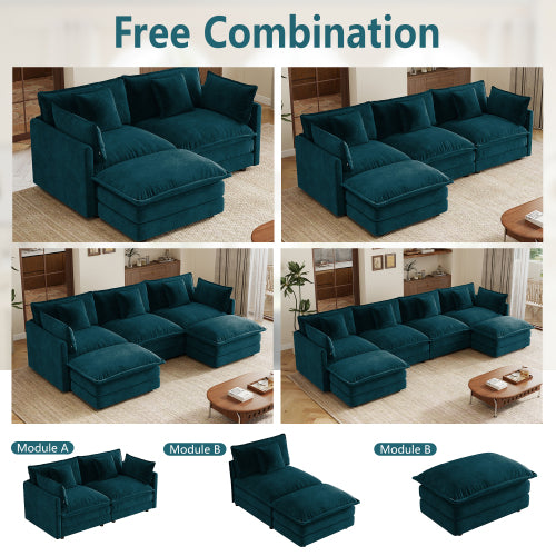 Blue Chenille Modular Sectional Sofa Ottoman with Solid Wood Frame