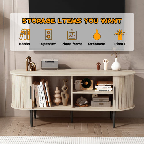 47 Inch Modern TV Stand with Sliding Door Storage Cabinet Natural Wood