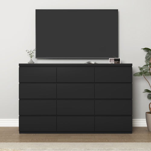 12 Drawers Double Dresser, Modern Wood Dresser Chest of Drawers with Large Storage Space for Bedroom, Black