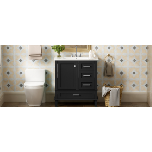 30" Bathroom Vanity , Modern Bathroom Cabinet with Sink Combo Set, Bathroom Storage Cabinet with a Soft Closing Door and 3 Drawers, Solid Wood Frame(Black)