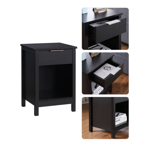 Retro Black 3-Tier Nightstand, Handle-Free Drawer & Open Shelves Bedside Table