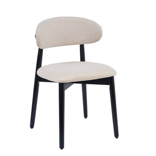 Set of 2 Beige Cotton-Linen Dining Chairs, Black Solid Oak Wood Legs 300lbs Capacity Armless Side Chairs
