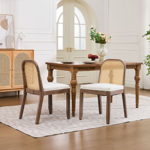 Set of 2 Beige Curved Arched Cane Back Farmhouse Dining Chairs, Distressed Solid Wood Frame S-Spring Chenille Cushion