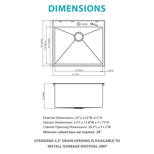 Laundry Sink Drop In - 25" x 22" x 12" Laundry Utility Sink 16 Gauge Stainless Steel Drop In Topmount Gunmetal Black 12 Inch Deep Single Bowl Above Counter Utility Laundry Room Sink Basin