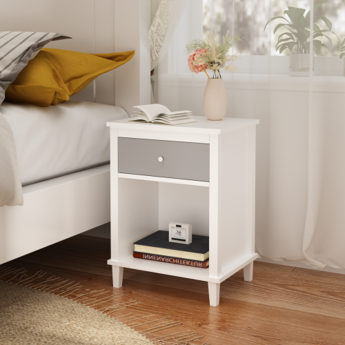 26.77''H Wooden Nightstand with One Drawer One Shelf for Kids, Adults,Gray+Silver handle