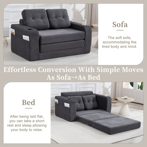 2-in-1 Fold-Out Corduroy Convertible Floor Sofa-Bed with Pockets