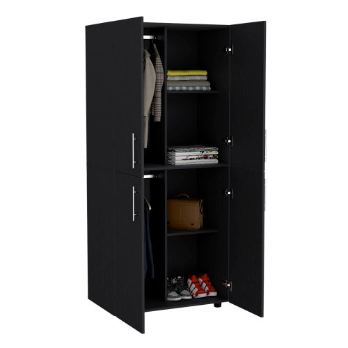 70" High Four-Door Armoire Wardrove Closet Cabinet, Six Shelves and Two Hanging Rods, Bedroom Clothes Storage Cabinet Organizer Black