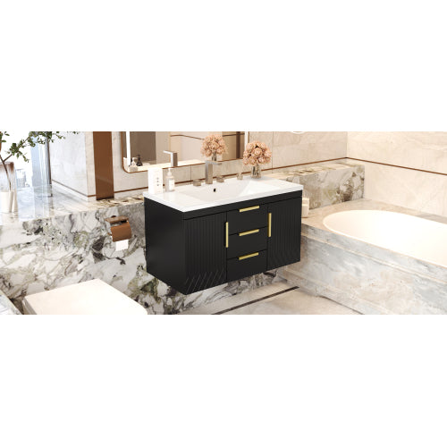 36'' Wall Mounted Bathroom Vanity with Resin Sink, Floating Bathroom Storage Cabinet with 2 Drawers, Solid Wood Bathroom Cabinet (Same as N710S236003B)