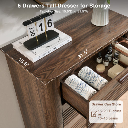5 Drawers Dresser for Bedroom, 45" Tall Dresser with Curved Profile Design, Wood Fluted Chest of Drawer, Modern Drawer Storage Organizer for Bedroom, Living Room