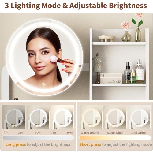White Vanity Desk with LED Lighted Mirror, 3 Modes, USB Outlet, Drawer & Stool