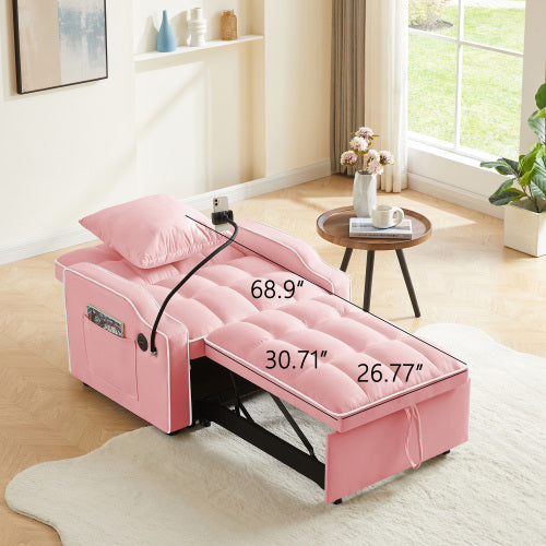 Pink 3-In-1 Convertible Sleeper Chair Bed with USB & Type-C Port