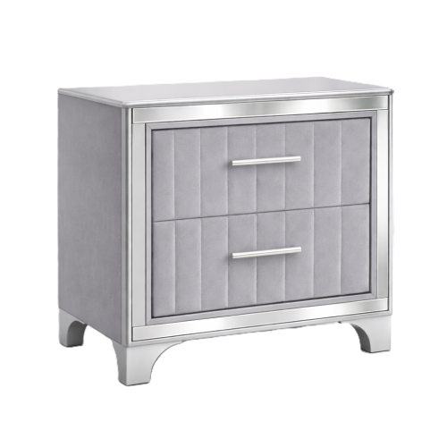 Contemporary Acrylic Nightstand with Two Drawers, Upholstered Bedside Table Featuring Silver Metal Legs, Modern End Table for Bedroom or Living Space (22.64inch W x 15.75inch D x 24.13inch H)