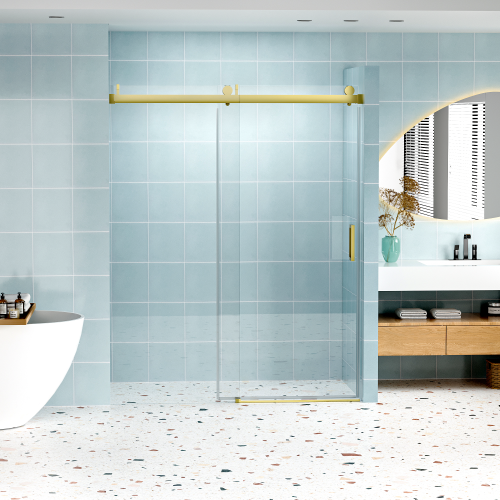 56" - 60" W x 76" H Frameless Soft-closing Single Sliding Shower Door, 1/4" (6mm) Tempered Glass with Explosion-proof Coating via Express Delivery, Gold 24D01-60GX