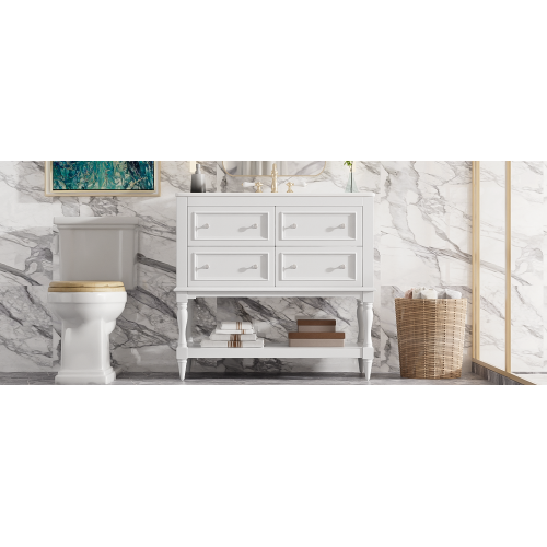 36" Bathroom Vanity Cabinet with Sink Combo Set, Undermount Ceramic Sink, Free Standing Vanity Set with 4 Drawers, Solid Wood Frame Bathroom Cabinet, White