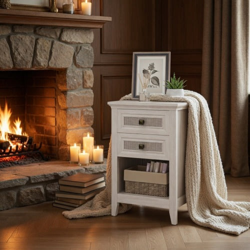 17.7" White Rattan Nightstand - Boho Bedside Table w/ 2 Drawers & Shelf