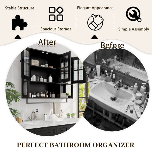 Bathroom Wall Cabinet, 3-Door Wooden Wall Cabinet with Open and Hidden Storage Space, Medicine Cabinet with Glass Door and Towel Bar for Entryway Living Room Bathroom Dining Room,Black