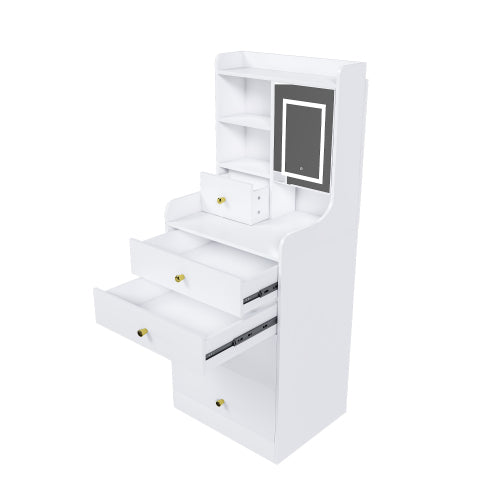 White 3-in-1 Dressing Table with LED Mirror & Storage Stool, 4 Drawers, Storage Cabinet, Open Bookshelf