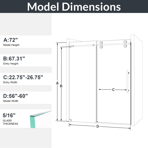 56"-60"W x 72"H Frameless Single Sliding Shower Door – 5/16" (8mm) Clear Tempered Glass, Bypass Design with Brushed Nickel Finish