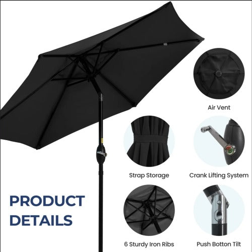 7.5 Feet Black Market Umbrella with Crank Lift & Tilt. UV-Resistant Canopy for Pool, Backyard & Patio (Without base)