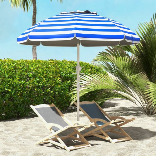 Outsunny 5.7' Portable Beach Umbrella with Tilt, Adjustable Height, 2 Cup Holders & Hooks, UV 40+ Ruffled Outdoor Umbrella with Vented Canopy, Blue White Stripe