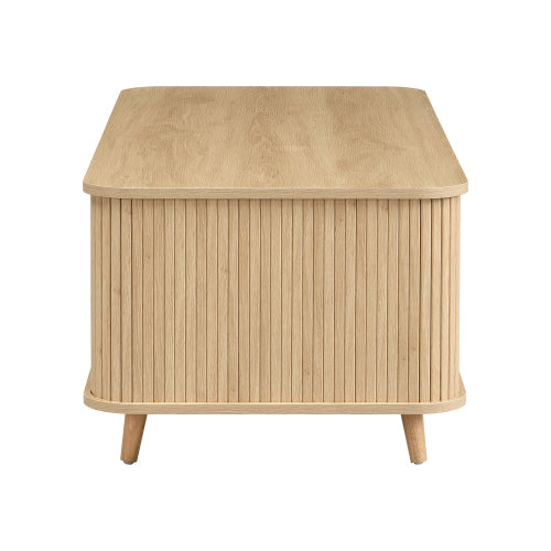Mid-Century Natural Wood Coffee Table with Tambour Doors & 4 Open Storage Compartments