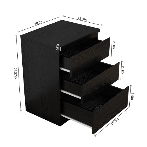 19.7 Inch Black Handle-Free Nightstand, 3 Drawers Thickened Top Plate Modern Side Table