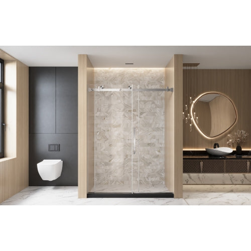 Frameless Single sliding shower door 56-60 "W x 76" H, 1/4 "(6 mm) Clear Tempered Glass, Explosion Proof Film, Stainless Steel Handle Square Tube Track Brushed Nickel