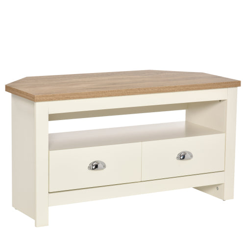 37.5 Inch White Trapezoidal Corner TV Stand for 50 Inch TV with Drawers & Open Compartment