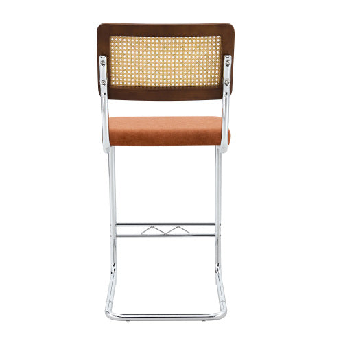 Natural Woven Bar Stool 2-Piece Set with Solid Wood Backrest 25 Inches Medieval Modern Style Counter Stool Coffee Color Velvet Kitchen Stool Chrome Metal Legs.