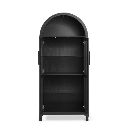 Black High Arched LED Light Storage Cabinet MDF Poplar Wood Adjustable Glass Partition Multi-Functional Home Display Cabinet