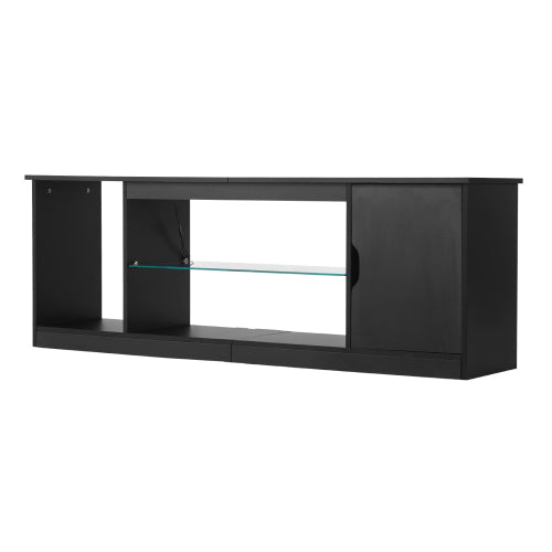 65 Inch Black Minimalist LED Light TV Stand with Tempered Glass Adjustable Storage Shelves