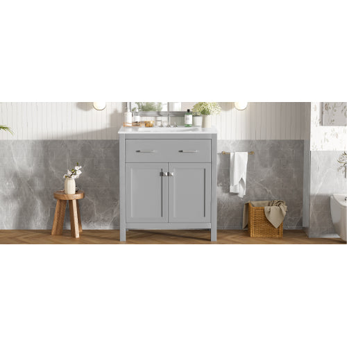 30" Bathroom Vanity with Ceramic Sink, Modern Gray Single Bathroom Cabinet with 2 Doors and a Shelf, Soft Close Doors