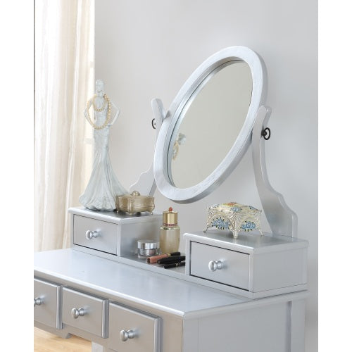 Silver Wood Makeup Vanity Table and Stool Set, 5 Lined Drawers, Adjustable Mirror, 32 inch W