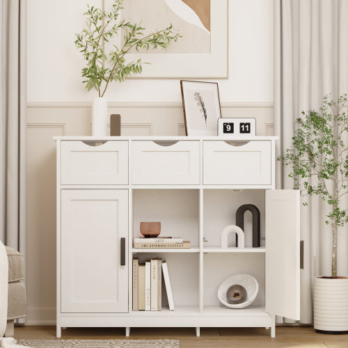 White Multi-Functional Wooden Storage Cabinet With 3 Drawers 2 Doors Adjustable Shelves Home Accent Cabinet