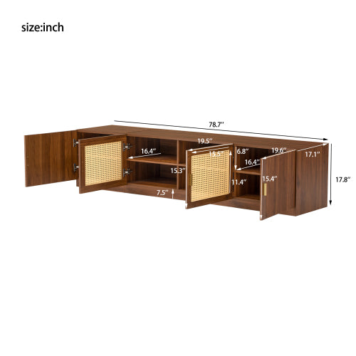78.7 Inch Walnut TV Stand with Rattan Doors & Adjustable Shelves for 85 Inch TV
