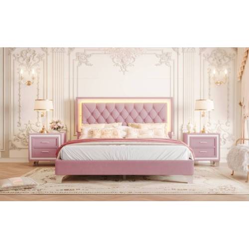 Queen Size Upholstered Bed Frame with LED Lights,Modern Velvet Platform Bed with Tufted Headboard,Pink