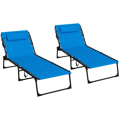 Outsunny Folding Chaise Lounge Set with 5-level Reclining Back, Outdoor Lounge Tanning Chair with Padded Seat, Side Pocket & Headrest for Beach, Yard, Patio, Blue