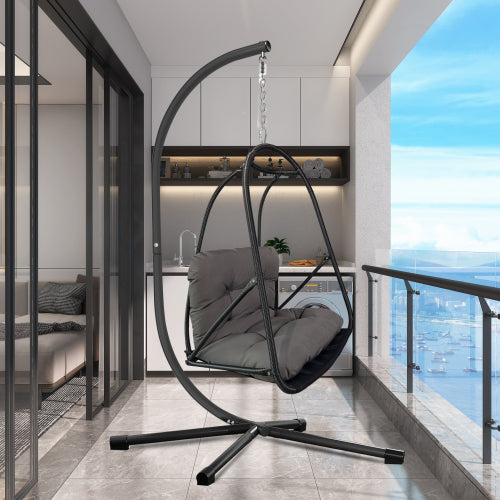 Swing Egg Chair with Stand Indoor Outdoor Wicker Rattan Patio Basket Hanging Chair with C Type bracket , with cushion and pillow,