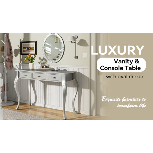 Silver Luxury Oval?Mirror Vanity Desk, 41.0 inch *17.5 inch Tabletop, 3 Drawers, Elegant Console Table for Entryway & Bedroom