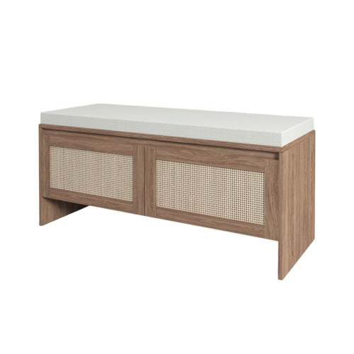 PP Rattan Storage Bench with Cushion, Faux Rattan Shoe Cabinet with 2 Doors, Mid-Century Modern Wood Entryway Seat, for Bedroom, Hallway, Mudroom, Natural Finish