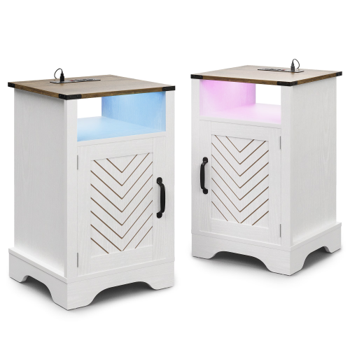 LED Nightstand with Charging Station, Farmhouse Wooden Side Table with Cabinet and Shelf