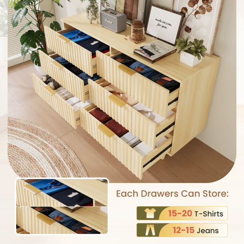 6 Drawer Dresser for Bedroom, Fluted Wooden Chest of Drawers for Children's Room, Nursery, Entrance, Natural, 47.24"W x 14.96"D x 33.06"H