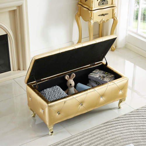 Gold Faux Leather Storage Ottoman Bench with Crystal Buttons, Metal Legs 380 LBS Capacity for Bedroom Entryway