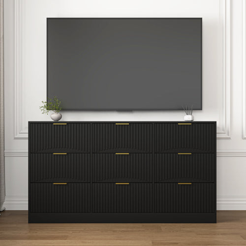Black 9 Drawer Dresser, 63" Large Deep Chest of Drawers, Wooden Dresser Storage Cabinet with 9 Drawers for Bedroom, Long Dressers for Living Room, Hallway, Drawer panel with wavy patterns