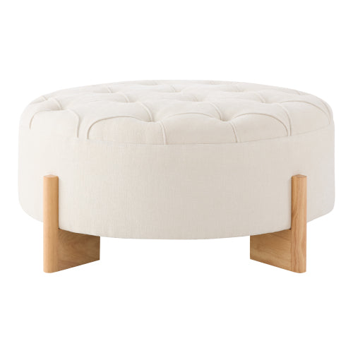Beige Round Chenille Tufted Ottoman, 32 Inch Button Tuft Footrest with L-Shaped Rubberwood Legs, 250 LBS Capacity