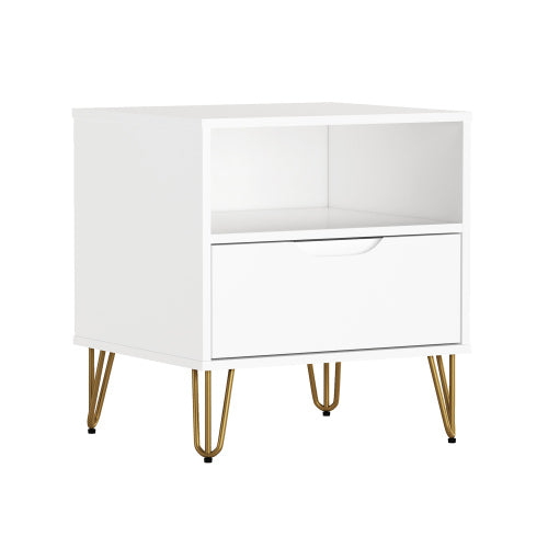White Modern Nightstand with Drawer, Shelf & Metal Legs
