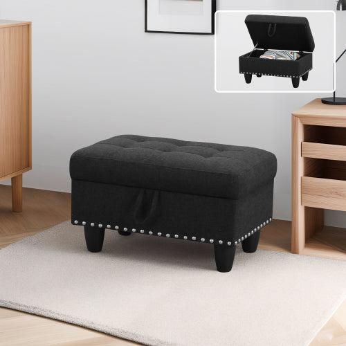 Rectangular Faux Leather Storage Ottoman Bench, Tufted Nailhead Trim Footrest with Hidden Storage Space